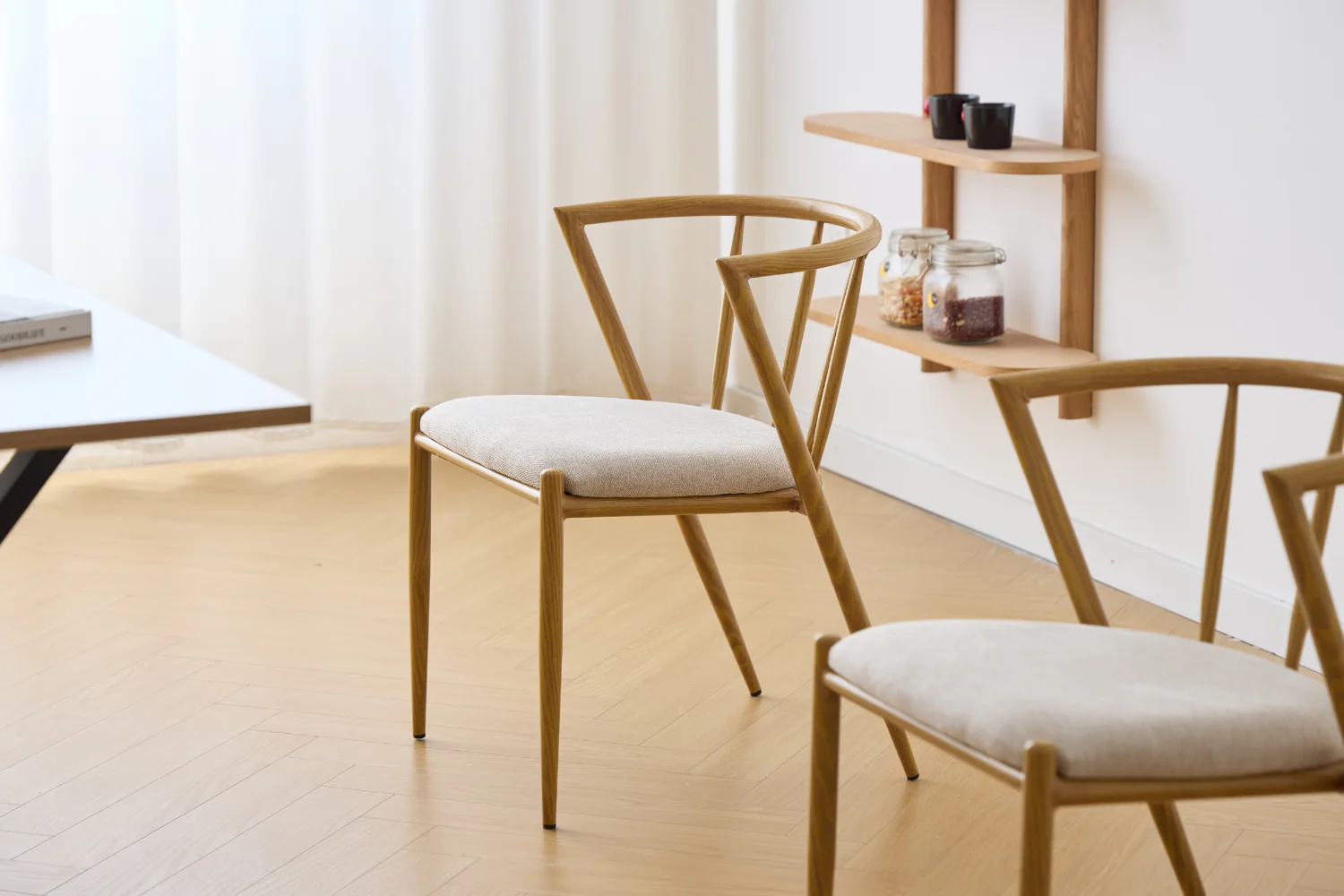 Bella Chaise de salle à manger - aspect chêne avec assise tapissée beige - Image 3