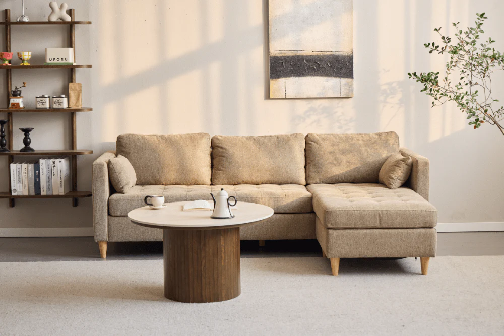 Enzo - Table basse avec plateau en pierre et pied en lamelles de chêne fumé Ø78 cm - Image 5