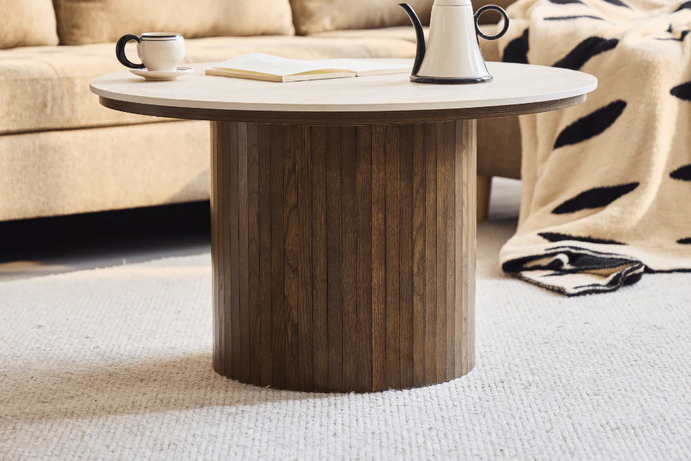 Enzo - Table basse avec plateau en pierre et pied en lamelles de chêne fumé Ø78 cm - Image 8