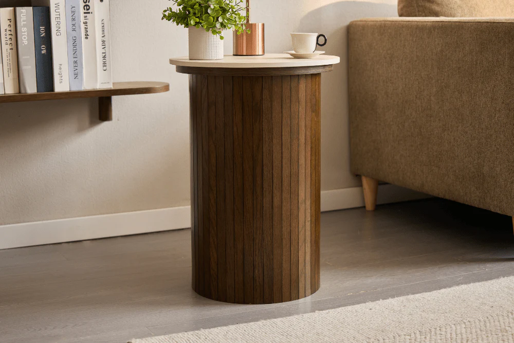 Enzo - Table d'appoint avec plateau en pierre et pied en lamelles de chêne fumé Ø40 cm - Image 5