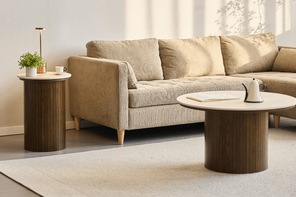 Enzo - Table d'appoint avec plateau en pierre et pied en lamelles de chêne fumé Ø40 cm - Image 7