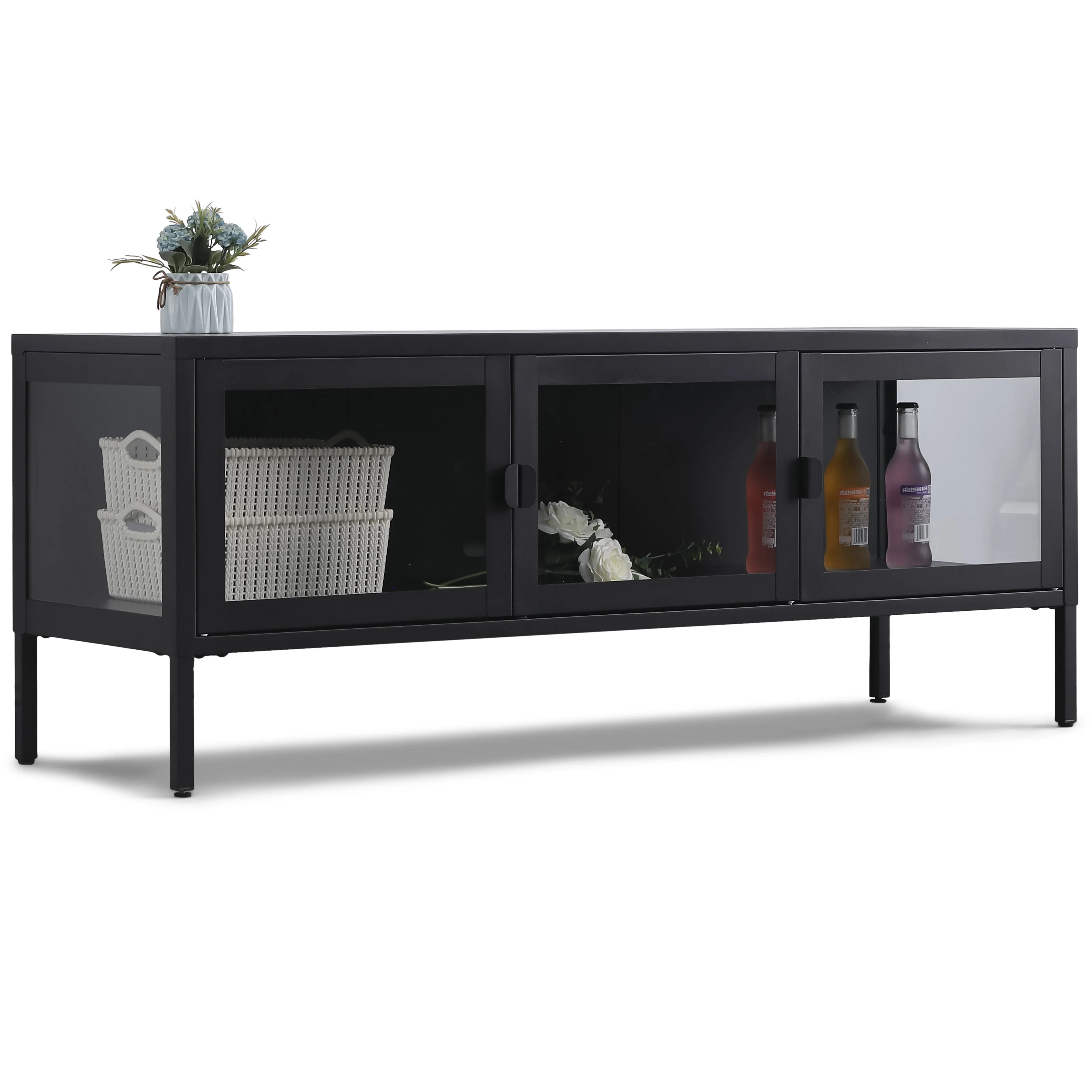 Herman - Meuble TV en métal/verre noir 130 x 40 x 50 cm - Image 3