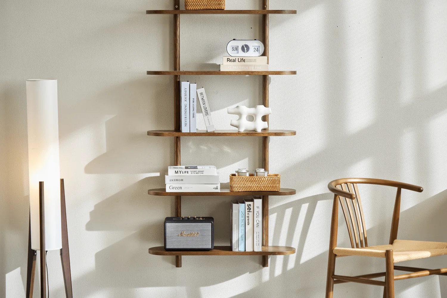 Juliet etagere murale en chene fume avec 5 etageres H 140 x P 22 x L 75 cm - Image 5