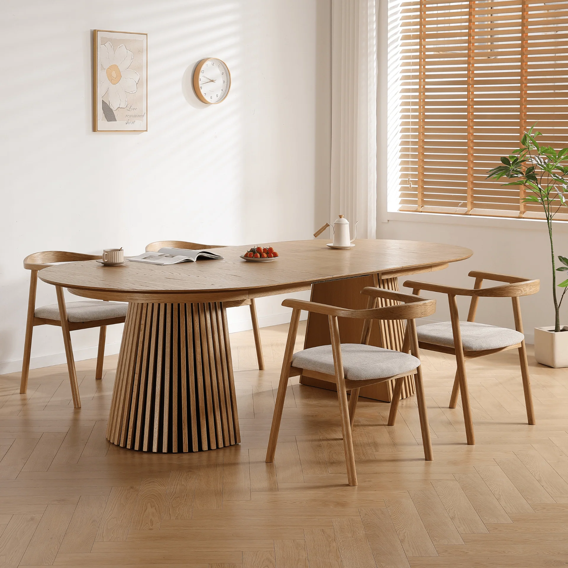 Lewis – Table à manger ovale à lattes en placage chêne avec rallonge 200/250/300 cm – 2 rallonges incluses - Image 3