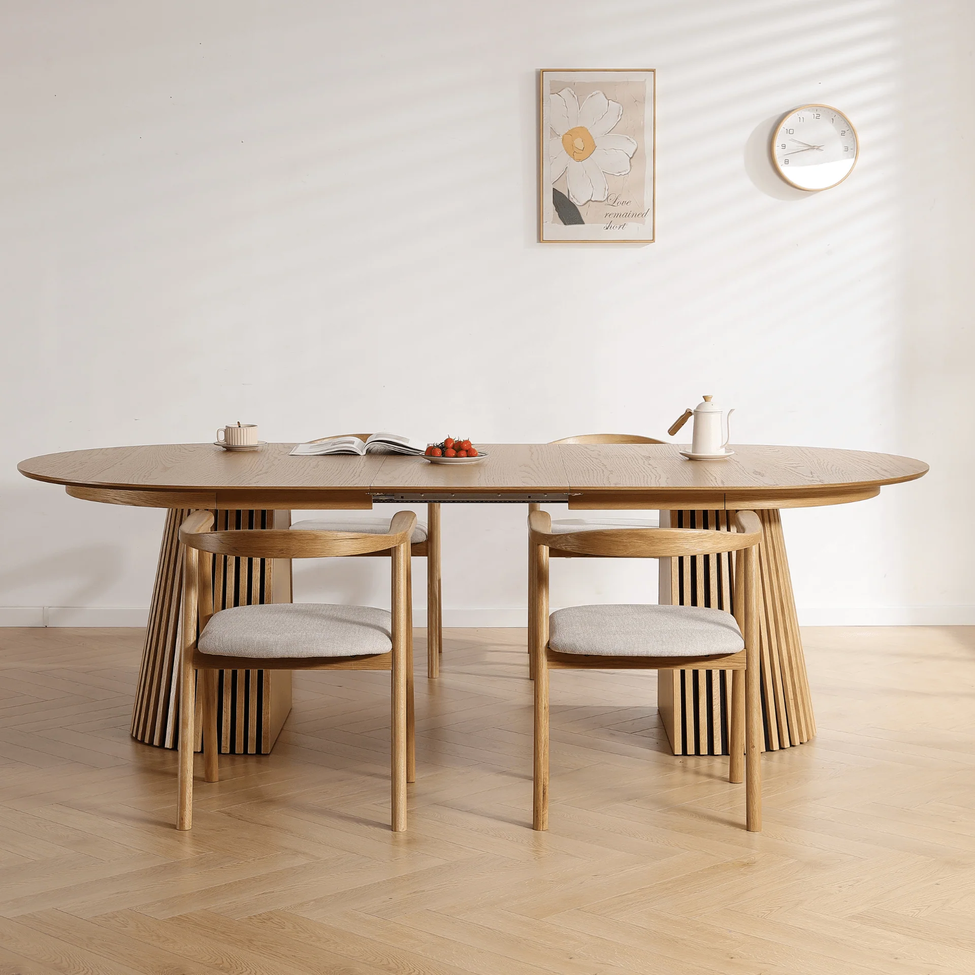 Lewis – Table à manger ovale à lattes en placage chêne avec rallonge 200/250/300 cm – 2 rallonges incluses - Image 4