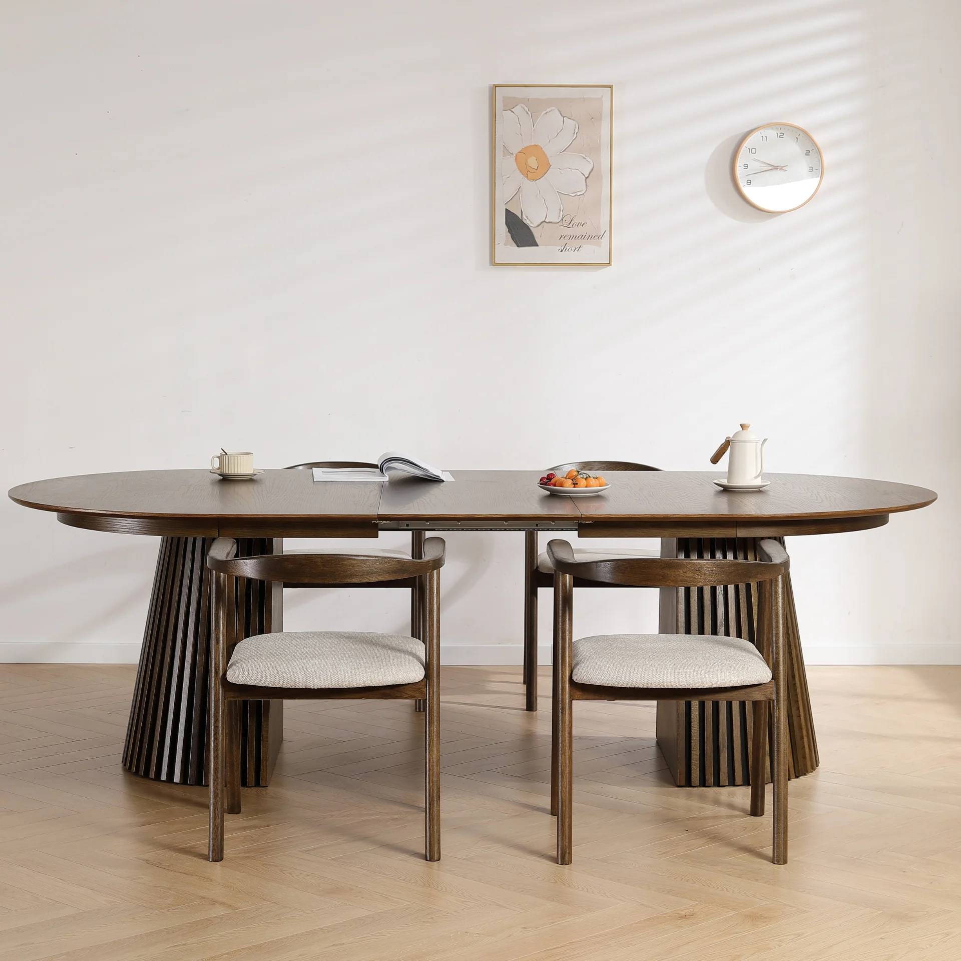 Lewis – Table à manger ovale à lattes en placage chêne fumé avec rallonge 200/250/300 cm – 2 rallonges incluses - Image 4
