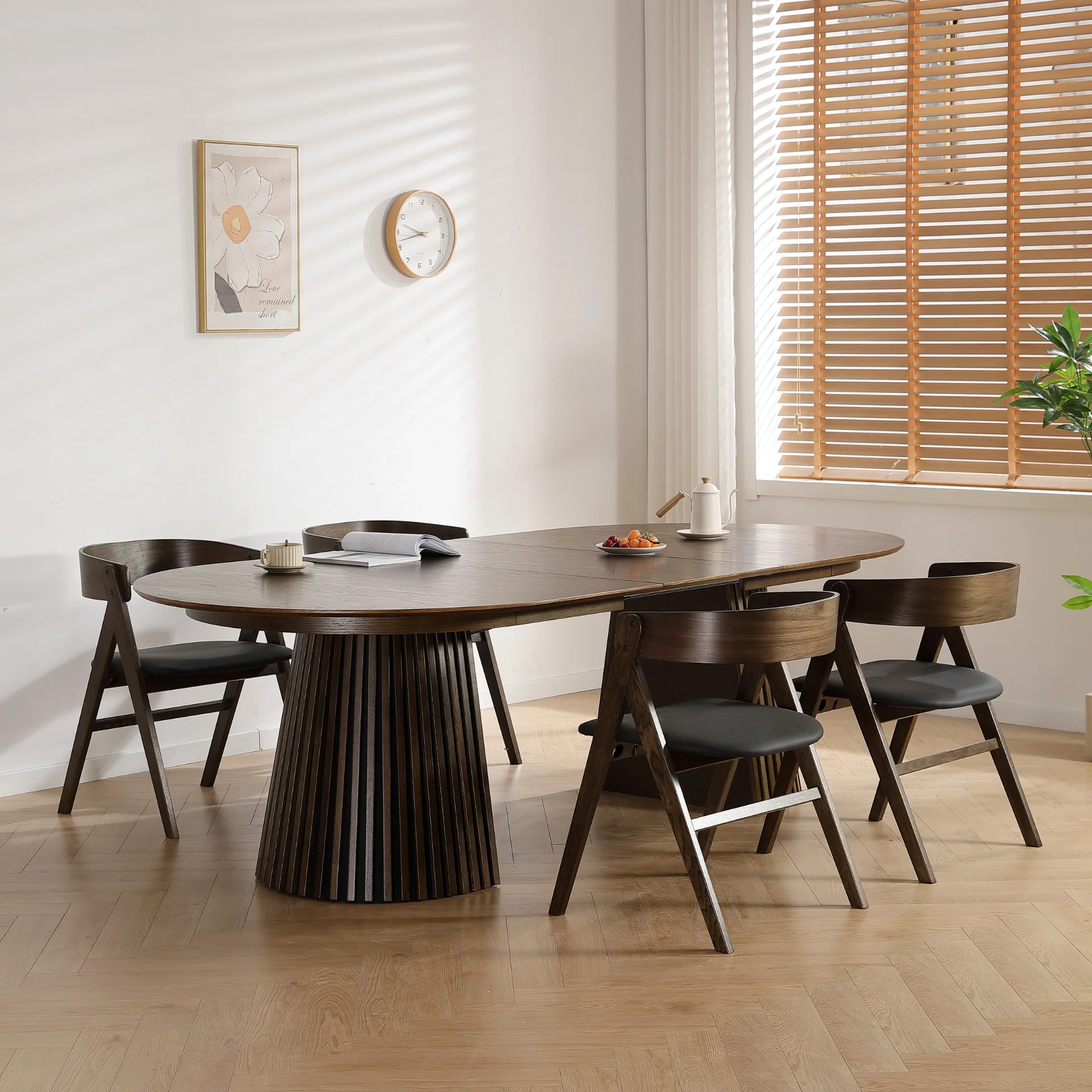 Lewis – Table à manger ovale à lattes en placage chêne fumé avec rallonge 200/250/300 cm – 2 rallonges incluses - Image 5