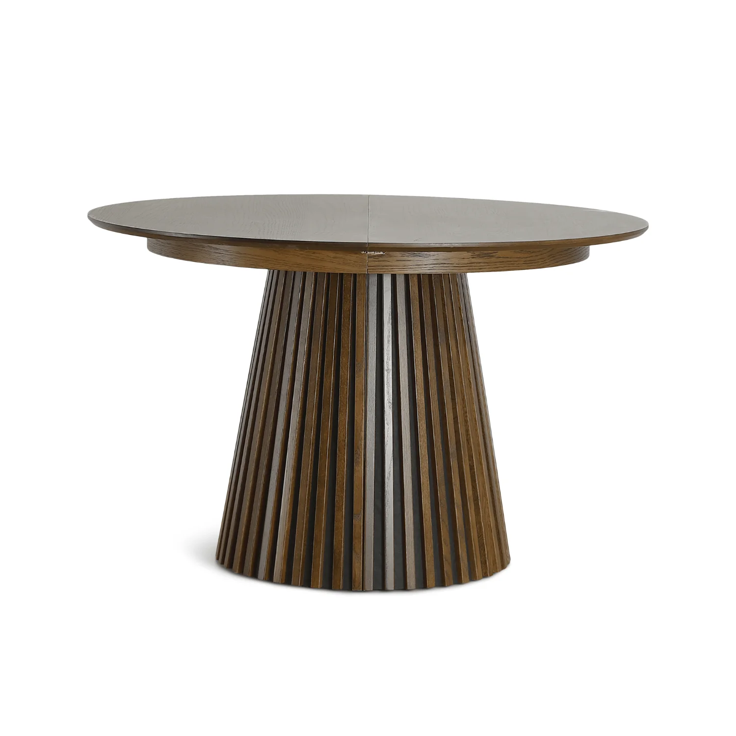 Lewis - Table de salle à manger ronde à lattes en placage chêne fumé avec rallonge 100/140/180 cm - 2x rallonges incluses - Image 5