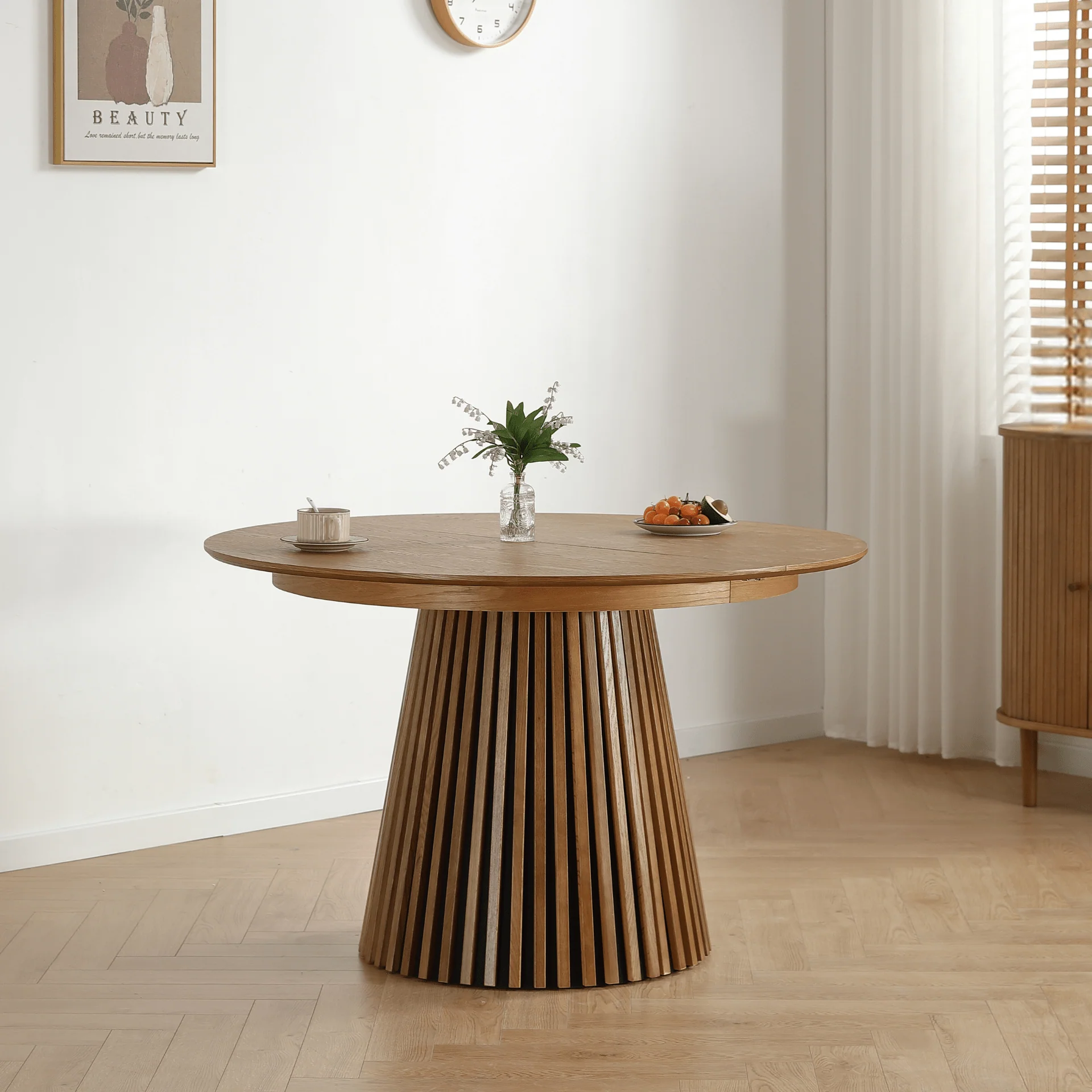 Lewis - Table de salle à manger ronde en placage chêne avec rallonge 100/140/180 cm - 2x rallonges incluses - Image 4