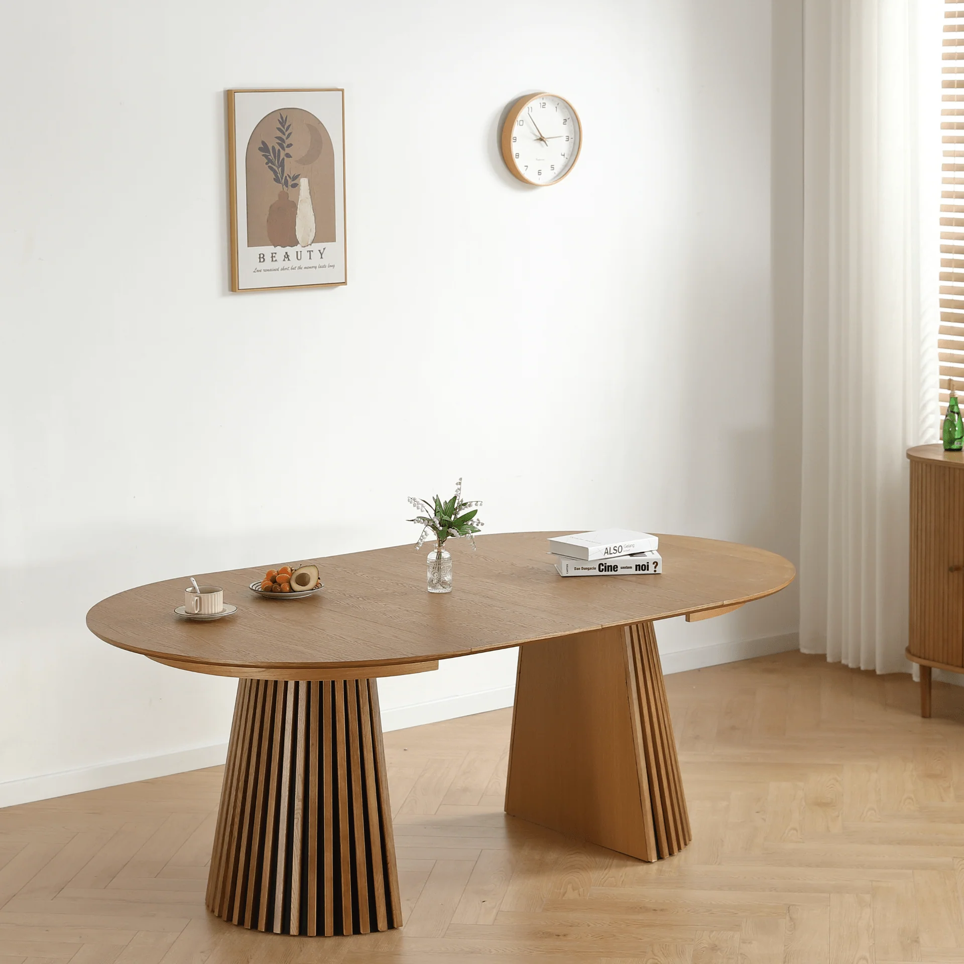 Lewis - Table de salle à manger ronde en placage chêne avec rallonge 100/140/180 cm - 2x rallonges incluses - Image 5