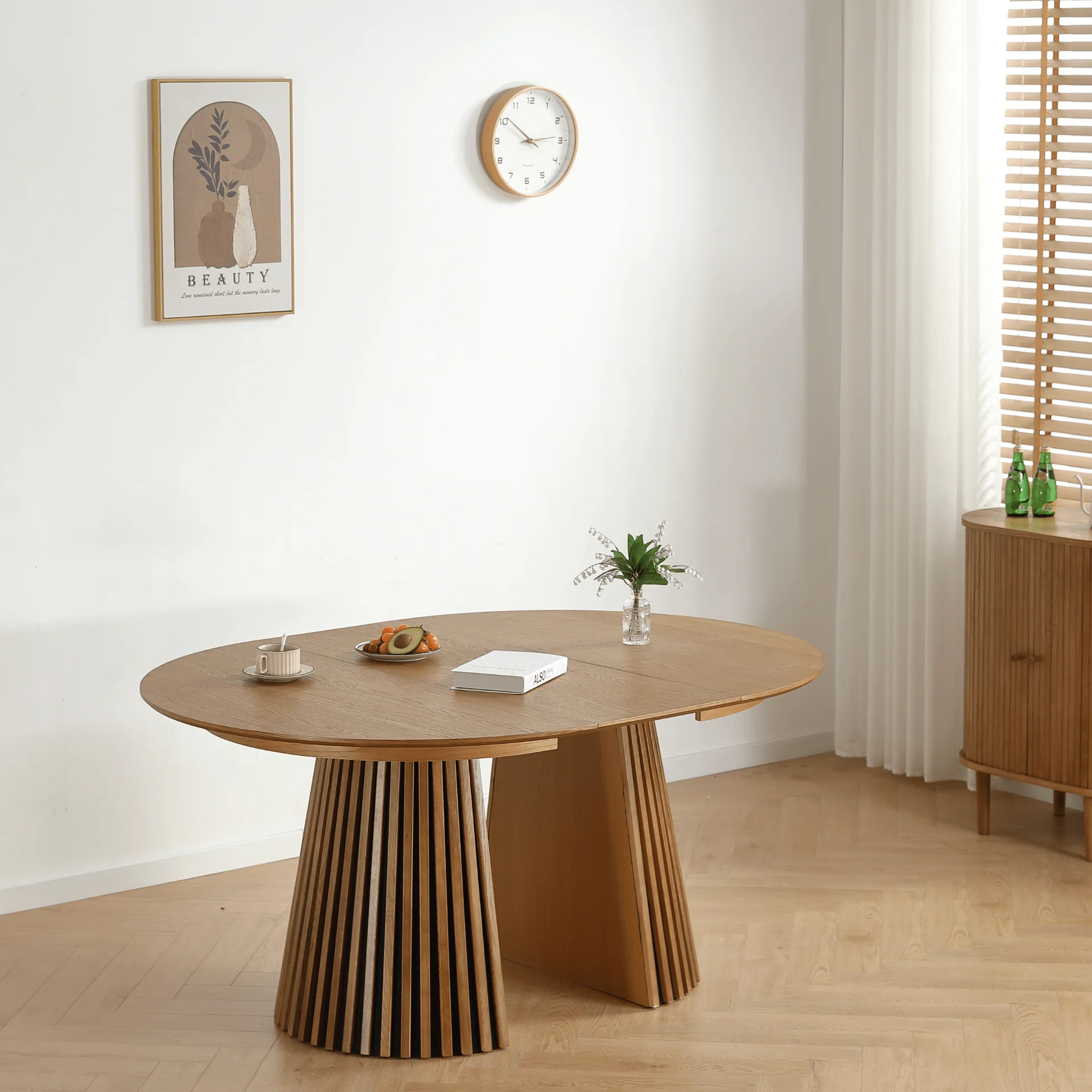 Lewis - Table de salle à manger ronde en placage chêne avec rallonge 100/140/180 cm - 2x rallonges incluses - Image 6