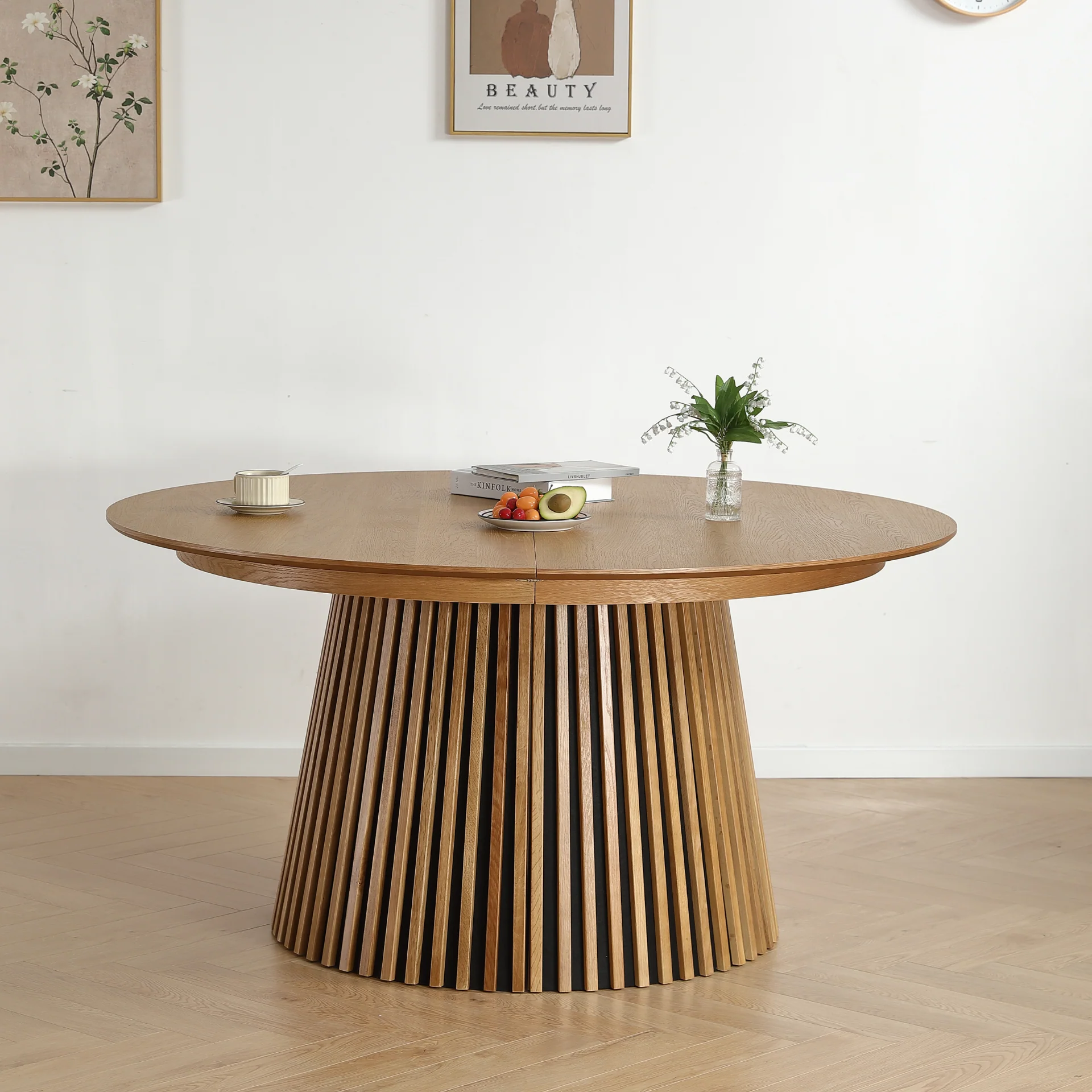 Lewis - Table ronde à lamelles en placage de chêne avec rallonge 150/190/230 cm - 2 rallonges incluses - Image 7