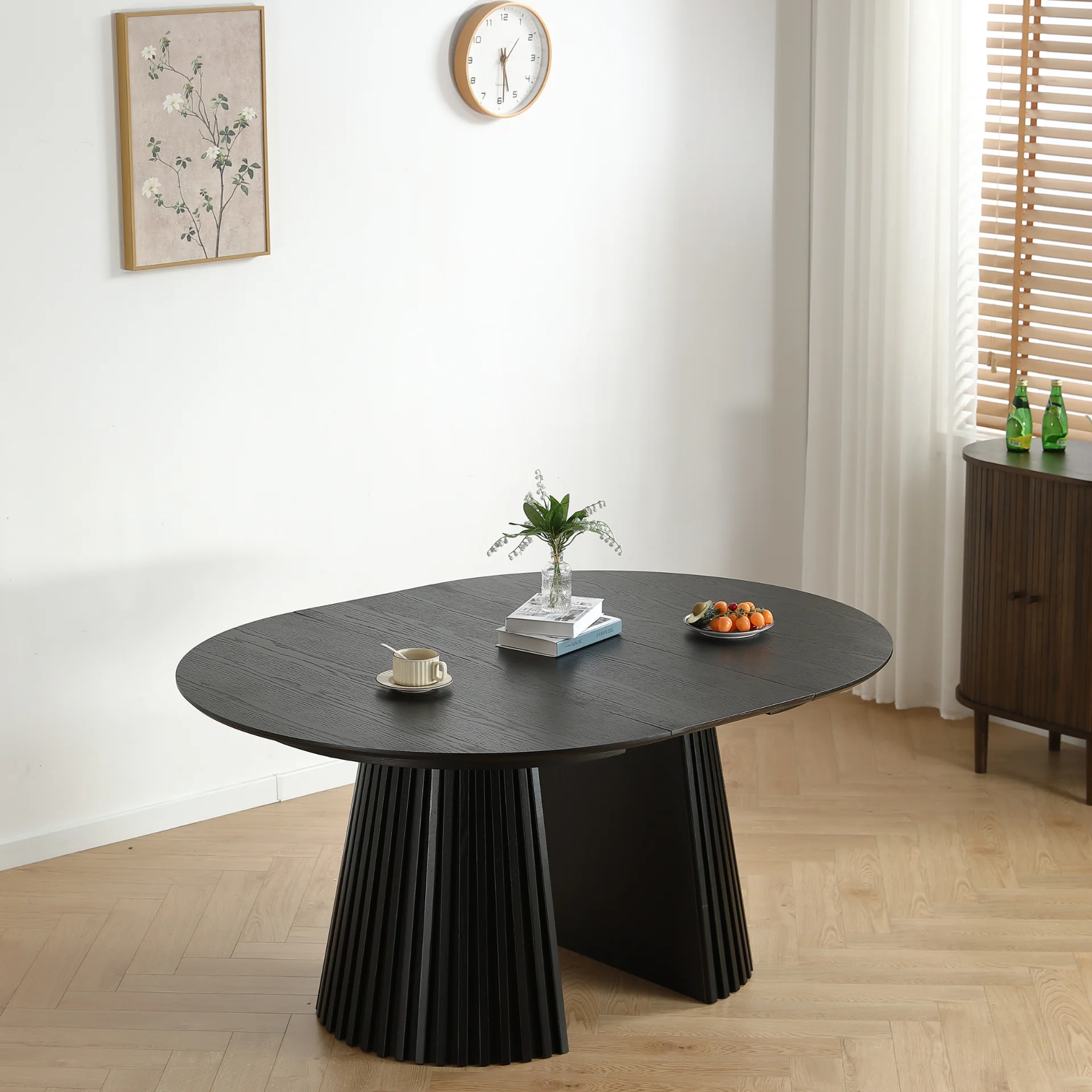 Lewis - Table ronde à lamelles en placage de chêne noir avec rallonge 120/160/200 cm - 2 rallonges incluses - Image 3