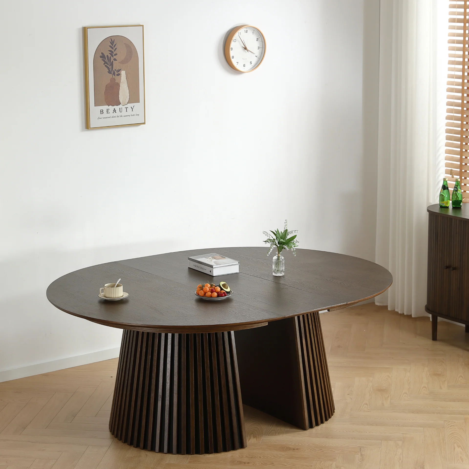 Lewis - Table ronde en chêne fumé avec rallonge 120/160/200 cm - 2 rallonges incluses - Image 3