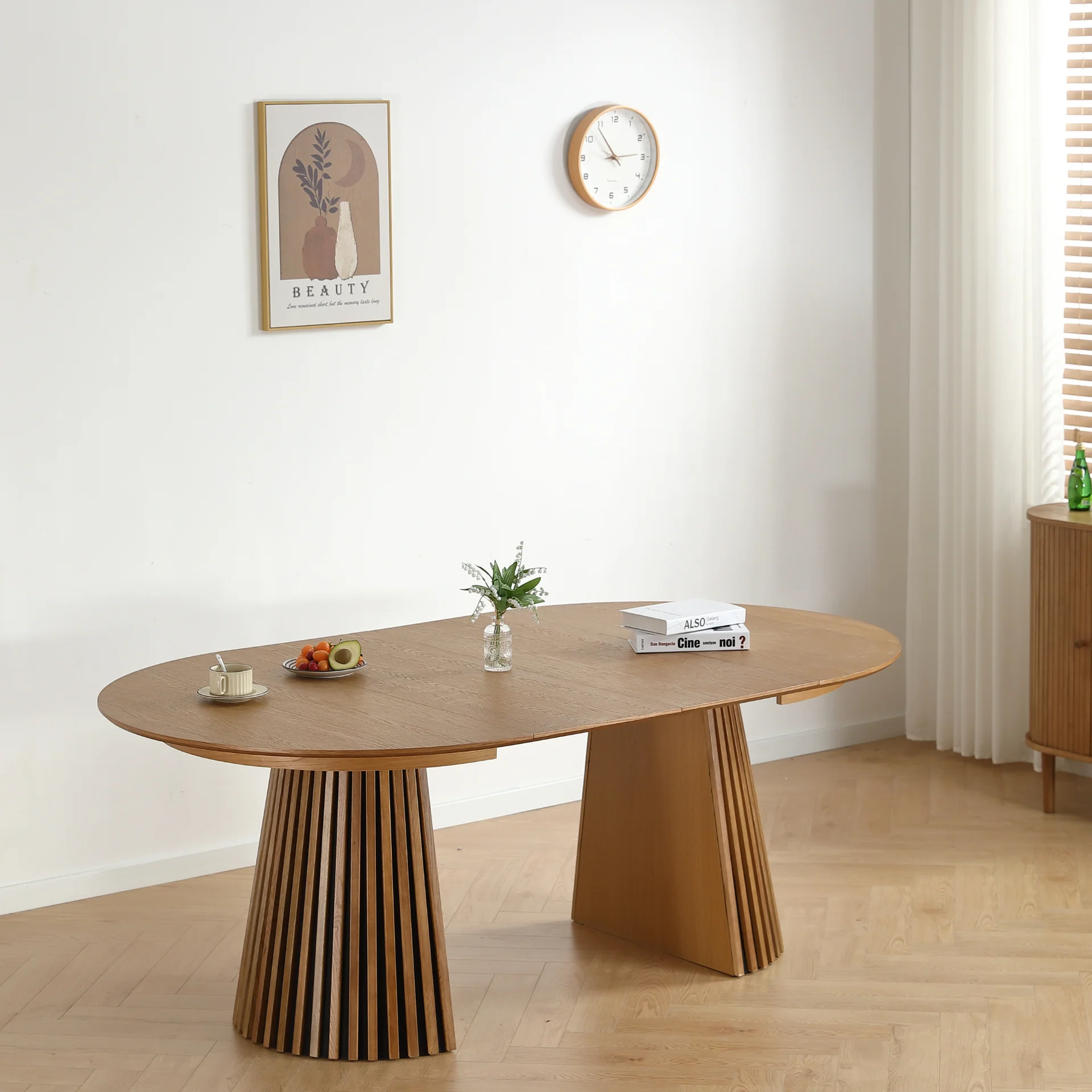 Lewis - Table ronde en placage de chêne avec rallonge 120/160/200 cm - 2 rallonges incluses - Image 7