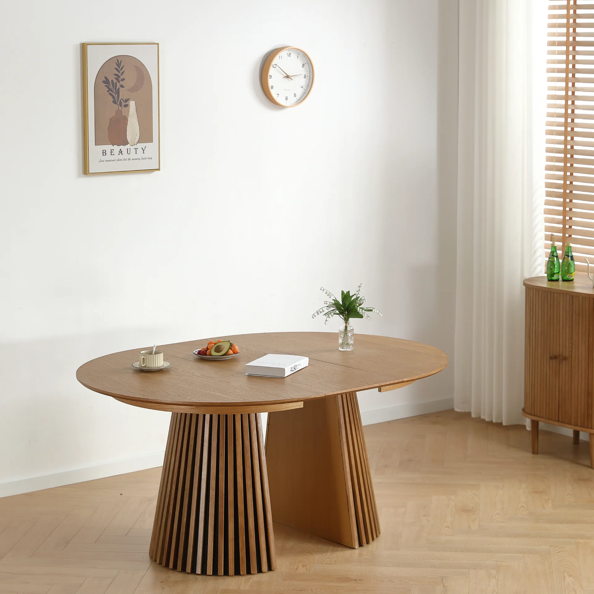 Lewis - Table ronde en placage de chêne avec rallonge 120/160/200 cm - 2 rallonges incluses - Image 8