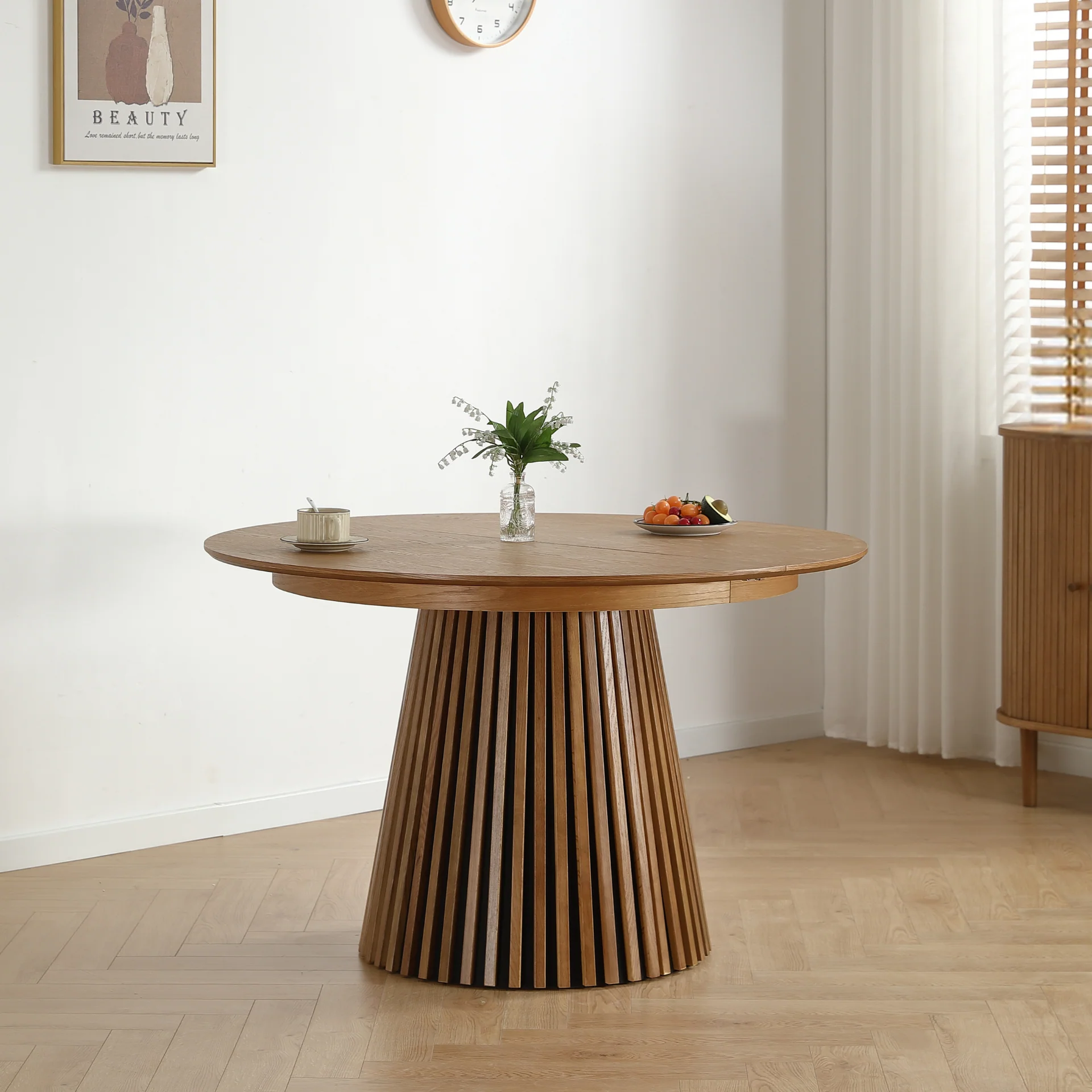 Lewis - Table ronde en placage de chêne avec rallonge 120/160/200 cm - 2 rallonges incluses - Image 9