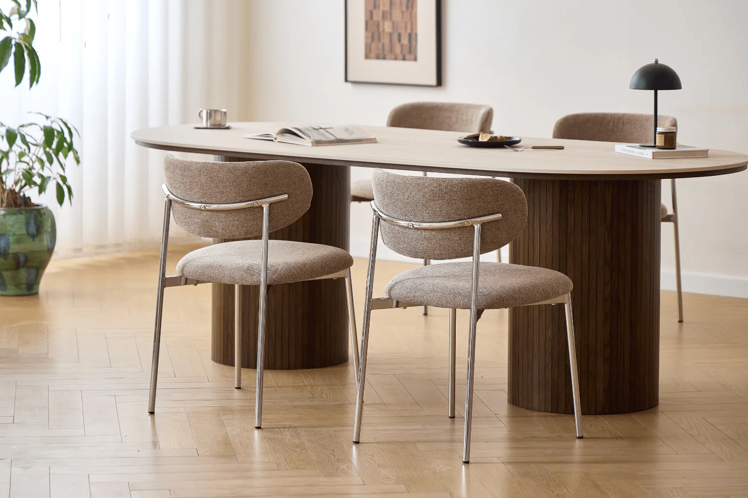 Lucinda chaise de table de salle à manger en chrome avec textile sable - Image 6