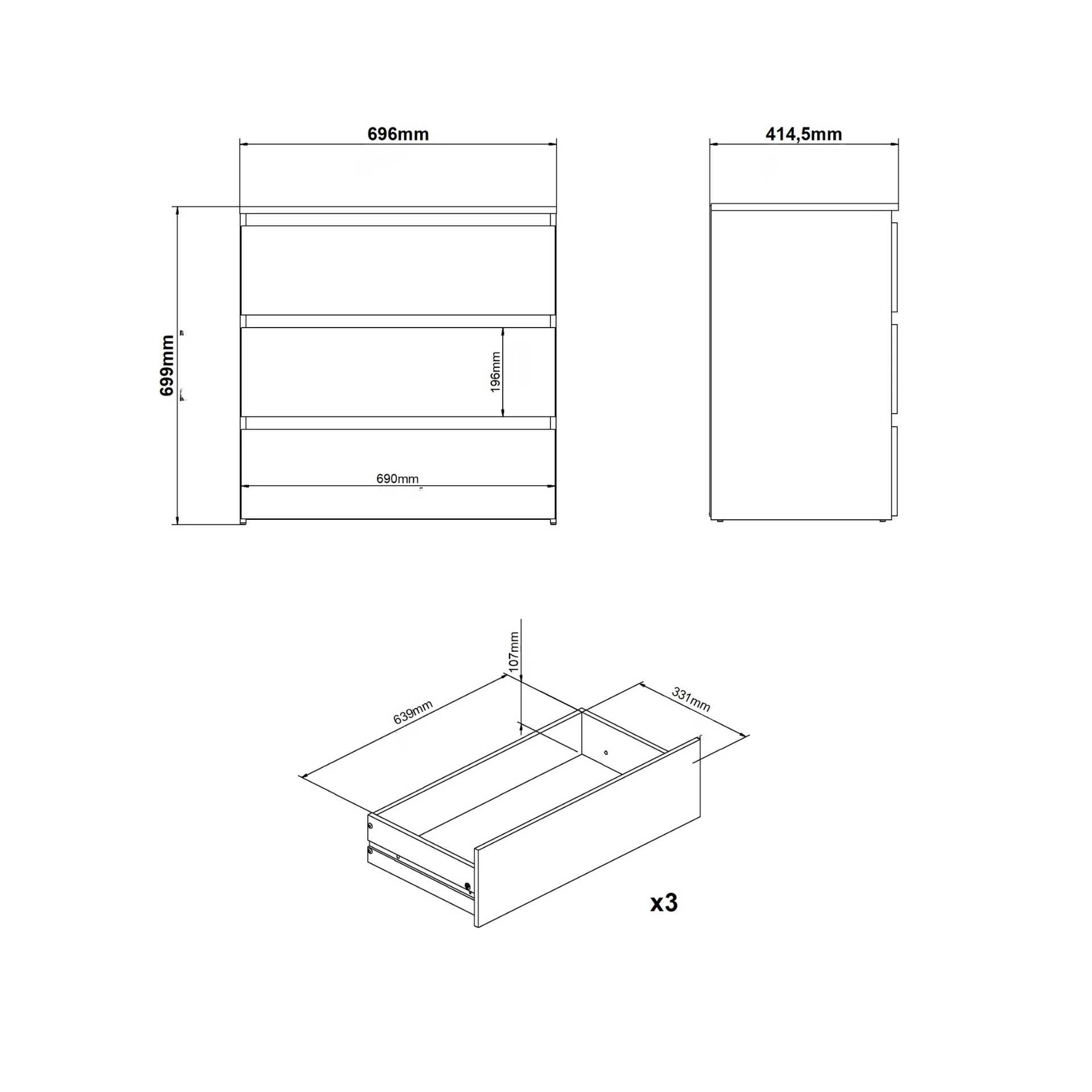 Maise commode 70x70x41 cm avec 3 tiroirs en blanc - Image 8