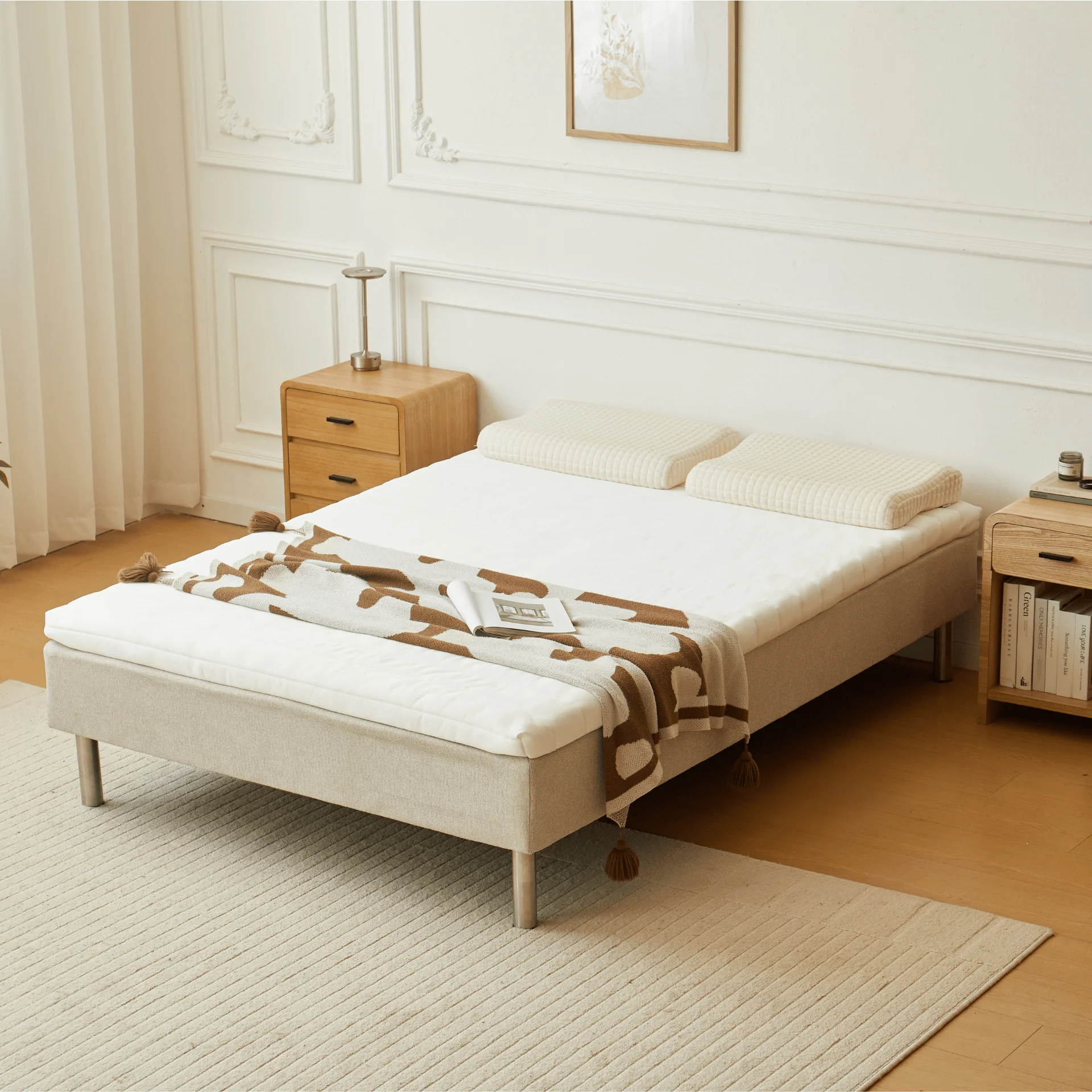 Premium sommier tapissier beige 140x200 cm avec surmatelas en mousse à mémoire de forme 7 cm, pieds exclus - Image 3