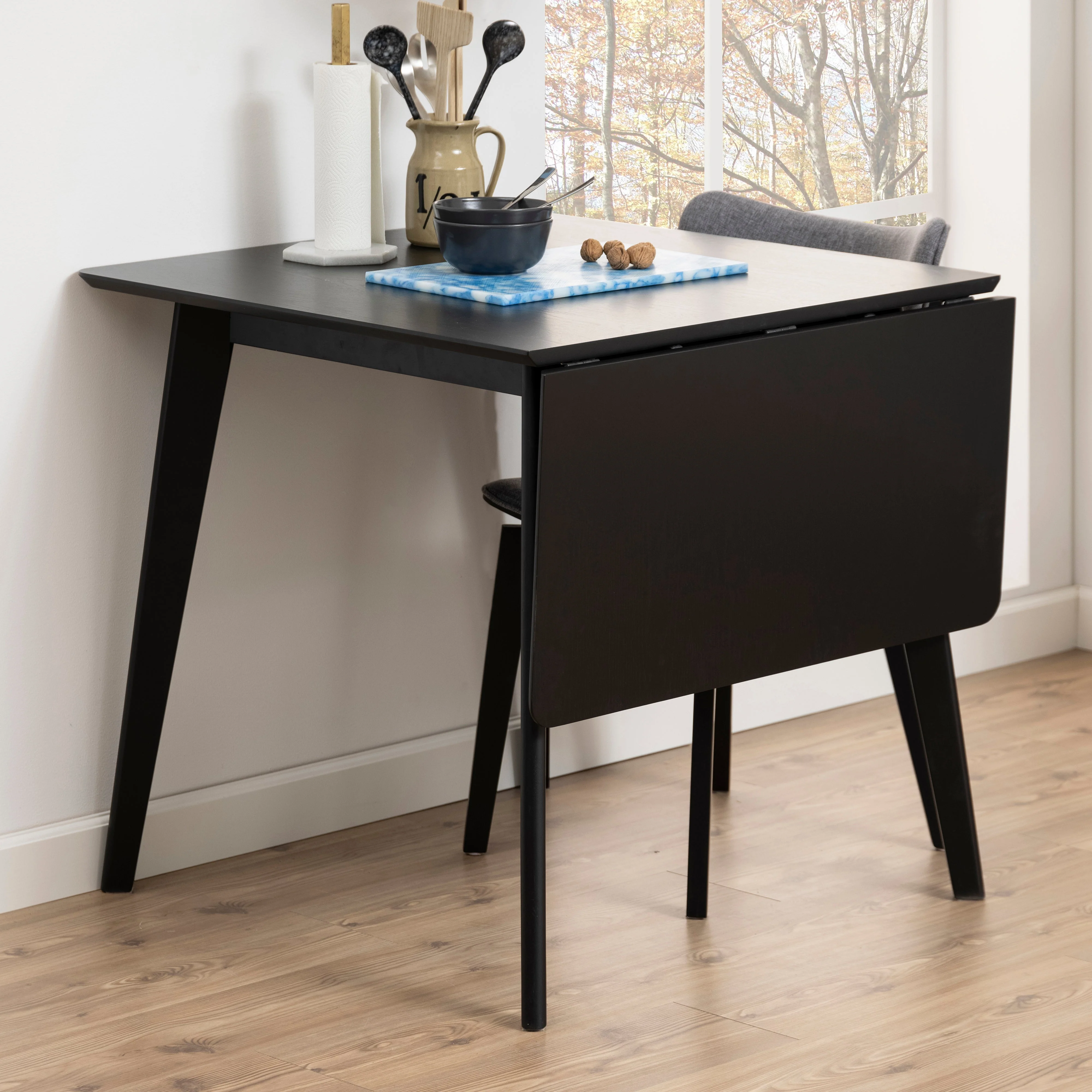 Rickie - Table à manger extensible en bois de chêne laqué noir 80/120 x 80 cm - Image 4