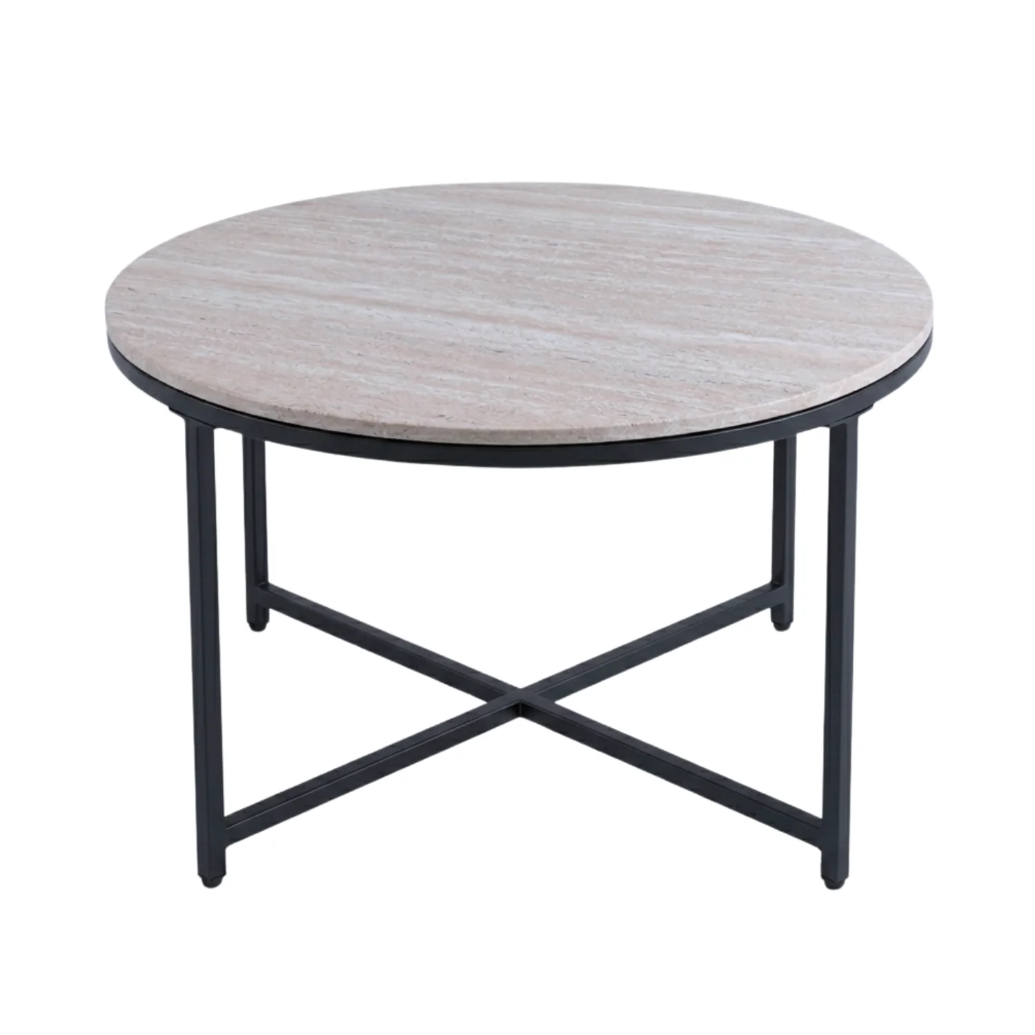 Table basse Ashley Ø80 cm en travertin avec pied croisé noir