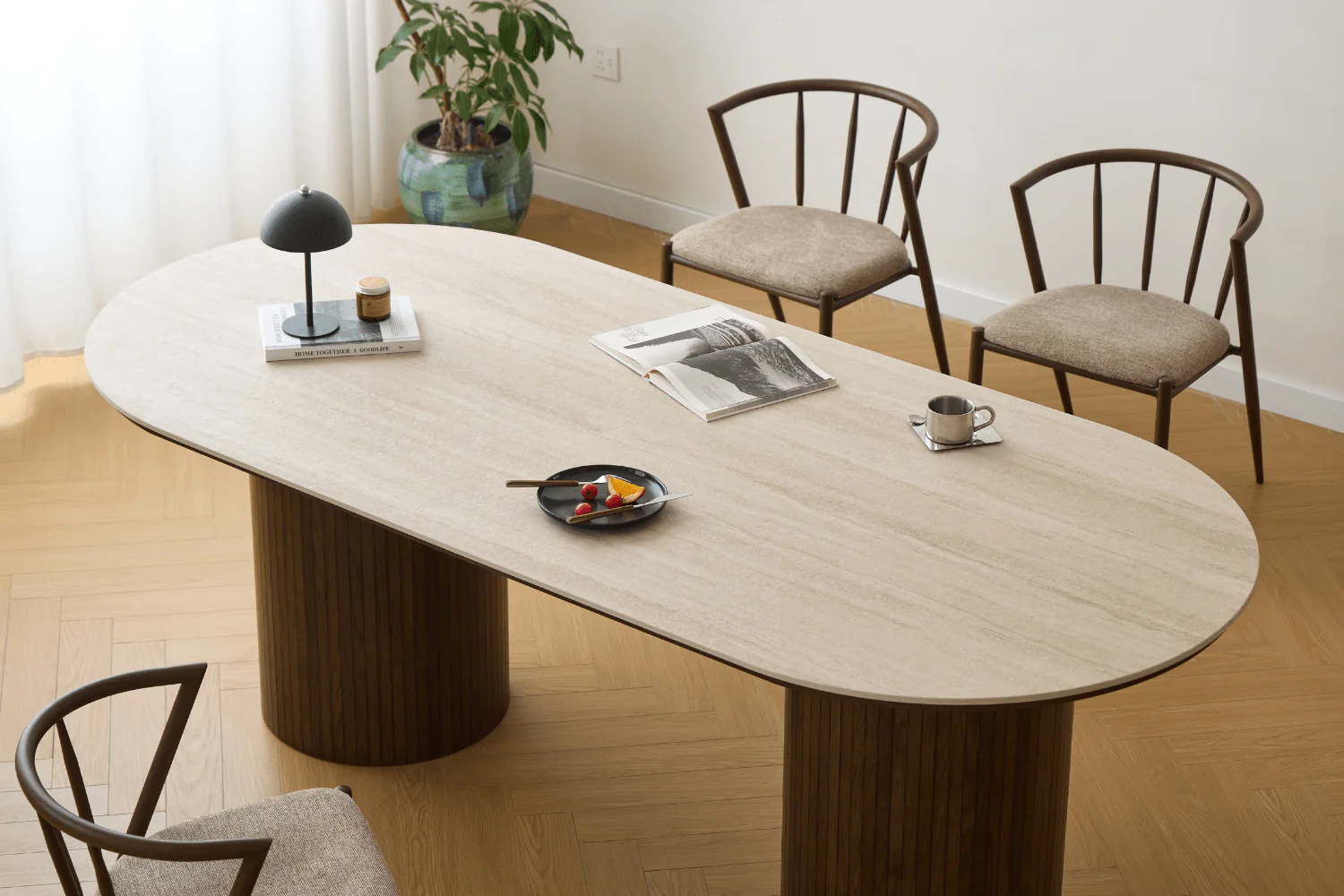 Table de salle à manger ovale Enzo avec plateau en pierre beige et sommier à lattes en chêne fumé 220x100x76 cm - Image 8