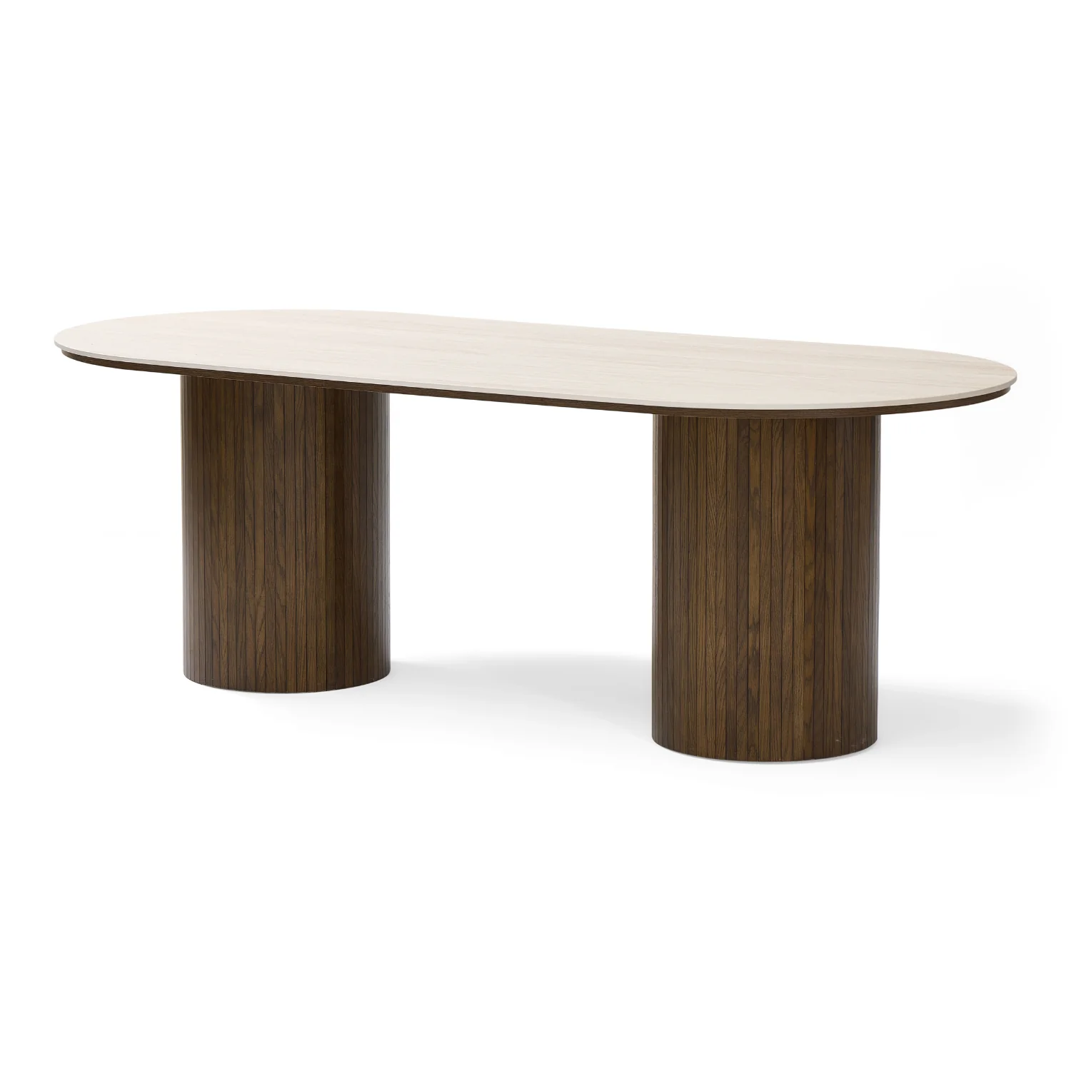 Table de salle à manger ovale Enzo avec plateau en pierre beige et sommier à lattes en chêne fumé 220x100x76 cm - Image 9