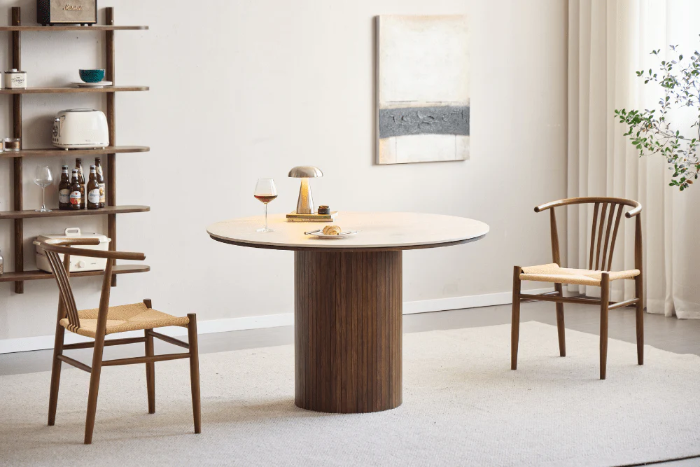 Enzo table de salle à manger ronde avec plateau en pierre beige et sommier à lattes en chêne fumé Ø120 cm - Image 3