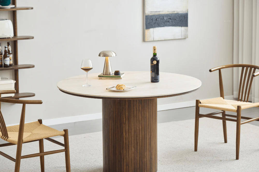 Enzo table de salle à manger ronde avec plateau en pierre beige et sommier à lattes en chêne fumé Ø120 cm - Image 4