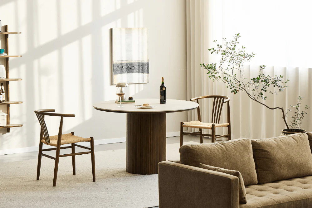 Enzo table de salle à manger ronde avec plateau en pierre beige et sommier à lattes en chêne fumé Ø120 cm - Image 7