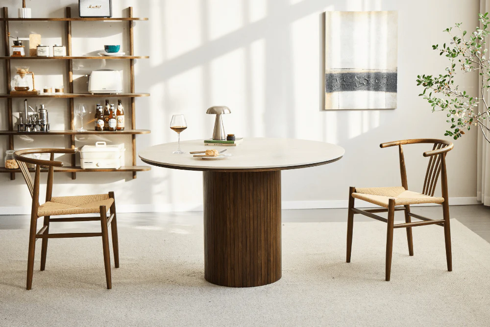 Enzo table de salle à manger ronde avec plateau en pierre beige et sommier à lattes en chêne fumé Ø120 cm - Image 8