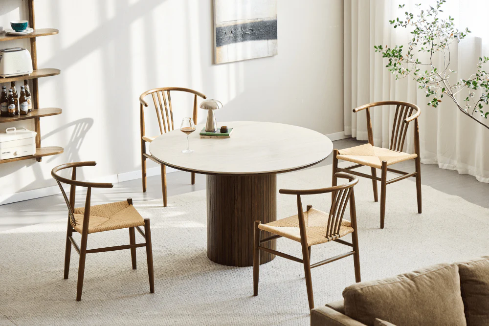Enzo table de salle à manger ronde avec plateau en pierre beige et sommier à lattes en chêne fumé Ø120 cm - Image 9